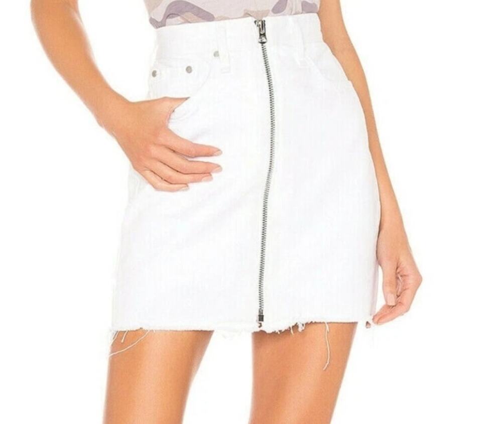 rag & bone Anna Denim Raw Edge Mini Skirt White High Waist Zip Front Sz 29